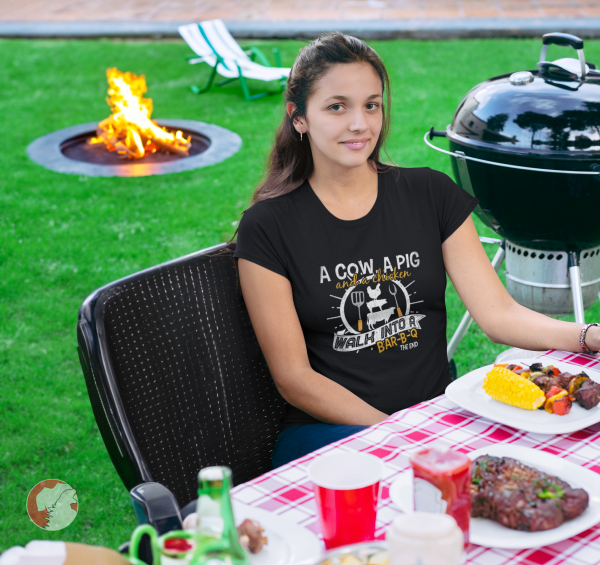 Happy-woman-at-BBQ-party-wearing-a-bbq-shirt