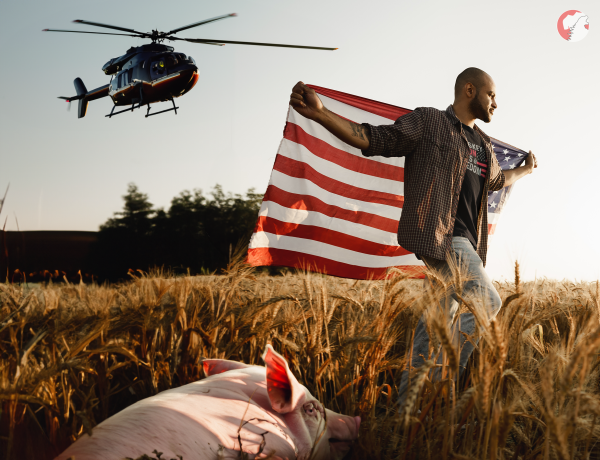 Man-waving-American-flag-in-a-field-while wearing-a-Whiskey-Bacon-Guns-Freedom-T-Shirt