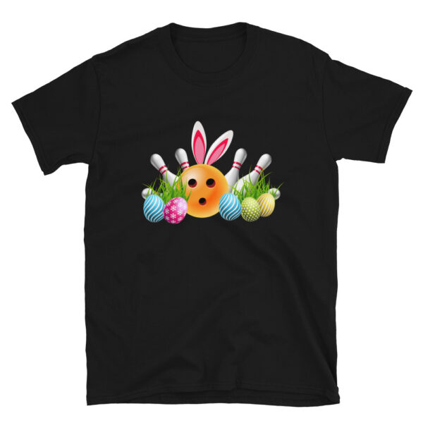 an easter bunny bowling themed shirt and easter eggs on a black background and easter, in the style of unique graphic