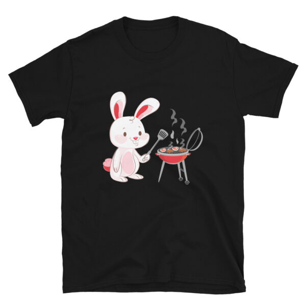 a bunny grilled outdoors on a grill short sleeve t shirt, in the style of charming character illustrations, black background, light white and light red, cabincore, dark pink and dark black