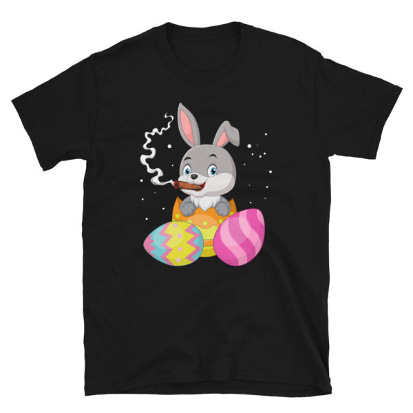 a black t shirt showing a little bunny smoking, in the style of cheerful colors, hatching.