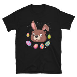 tshirt with an easter bunny Otter with dozens of eggs sorrounding the otter, in the style of dark brown and dark black, simple, colorful illustrations