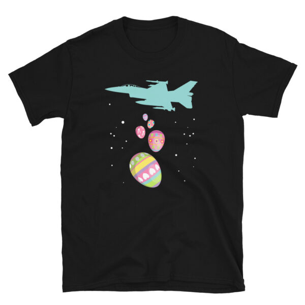 a black t shirt with an airplane flying over two easter eggs, in the style of whimsical sci-fi, scattered composition, pastel-hued, xmaspunk, seapunk, cute cartoonish designs, the new fauves