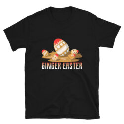 ginger easter tshirt, in the style of rusticcore, light black and red, pop art-inspired colors and imagery, light gold and dark black, cute cartoonish designs, art of tonga, eastern brushwork