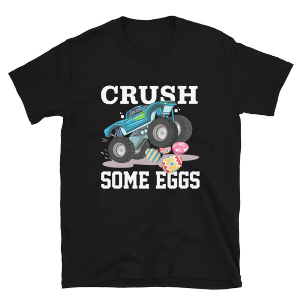 crush some eggs monster truck tshirt, in the style of retrocore, dark cyan and light black, visual puns, rough clusters, country life