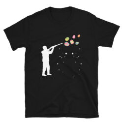 black t shirt featuring a picture of a man throwing eggs and shooting them, in the style of minimalist palette, perry rhodan, realistic usage of light and color, cute and dreamy, heinrich kley, robert irwin, flat colors