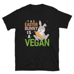 the easter bunny is a vegan t shirt, in the style of light black and orange, dark purple and light green, noah bradley, parodic, aurorapunk, smooth and shiny, text-based