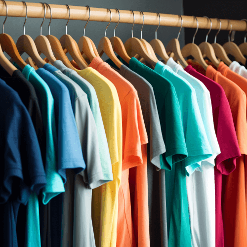 colorful tees on a rack hanging in a closet, in the style of atmospheric color washes, imitated material, solid and structured, colorized, eye-catching