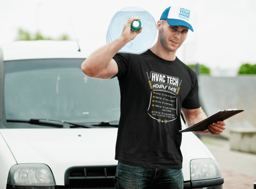 HVAC shirts and trucker hat, a happy worker man carrying a bottle of water