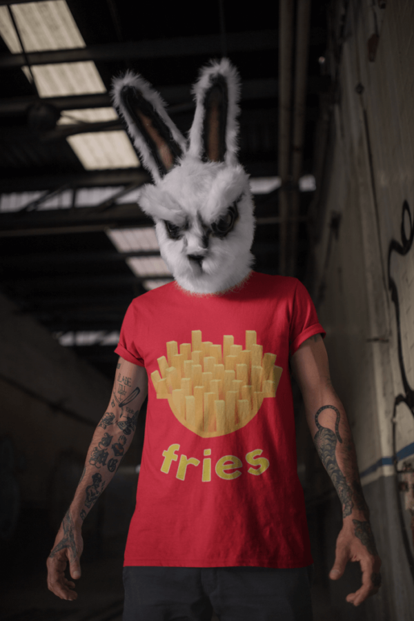 French-Fries-T-Shirt-round-neck-tee-mockup-of-a-man-with-a-halloween-rabbit-mask