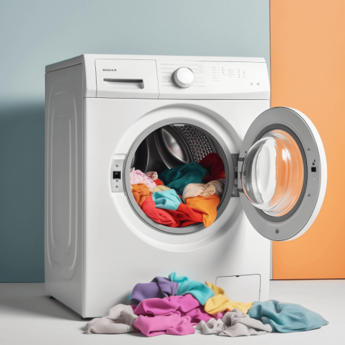 Laundry machine a white machine holds an array of colorful on its drum, in the style of dark turquoise and light orange, light violet and dark gray, flowing fabrics, messy, comfycore, manapunk, light beige and yellow