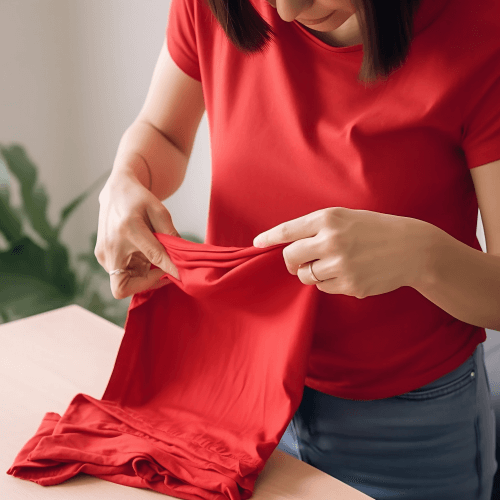 woman hand folding red shirt on table